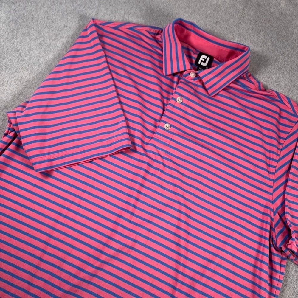 FootJoy Polo Shirt Mens XL Pink Blue Striped Short Sleeve Performance Golf